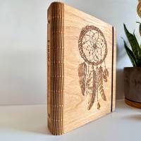 Notizbuch aus Holz, flexibler Buchrücken, Holzbuch, Ringmechanik, DIN A5, Motiv Traumfänger Bild 1