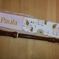 Flötentasche mit Namen, Flötenbeutel - Einhorn Motiv & Regenbogen weiß (mit optionalen Zubehörfach / F&uum Bild 1