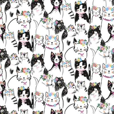 Patchwork Baumwollstoff Katzen mit Blumen – Timeless Treasures, 110cm breit, 100% Baumwolle