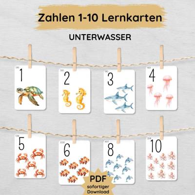 Unterwasser Zahlen 1-10 Lernkarten für Kinder zum Ausdrucken, Lernhilfe zum Zählen üben