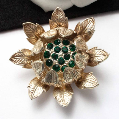 Vintage Brosche Strass grün goldfarben Gablonz Neugablonz 50er 60er Jahre Sammlerstück