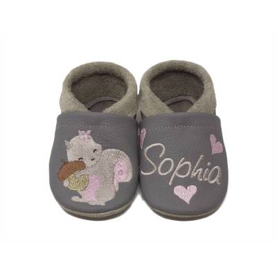 Krabbelschuhe mit Namen Eichhörnchen, Lederpuschen personalisiert, Echtleder, Kindergartenschuhe personalisiert