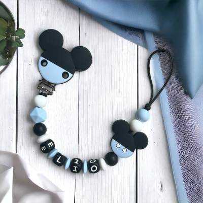Schnullerkette Nuckelkette mit Namen Junge Silikon blau schwarz Maus