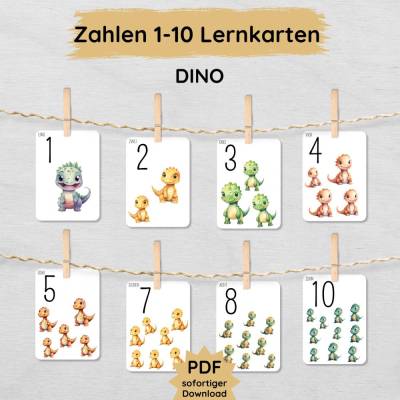 Dino Zahlen Lernkarten für Kinder zum Ausdrucken, Bildkarten zum Zählen lernen von 1 bis 10