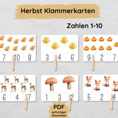 Herbst Klammerkarten für Kinder zum Ausdrucken, Zahlen lernen von 1-10