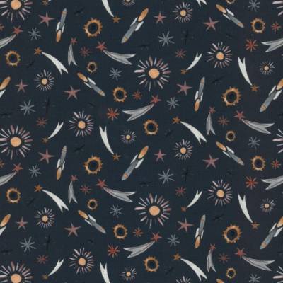 Westfalenstoffe Junge Linie Anthrazit Weltraum Raketen 25cm x 25cm 100% Baumwolle Webware Druckstoff