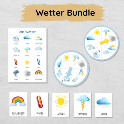Wetter Lernkarten + Wetterrad + Wetter Poster, Wetter lernen Bundle für Kinder zum Ausdrucken