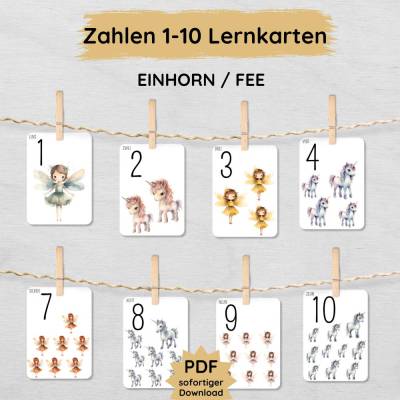 Einhorn & Fee Zahlenkarten für Kinder zum Ausdrucken, Lernkarten zum Zahlen lernen von 1 bis 10