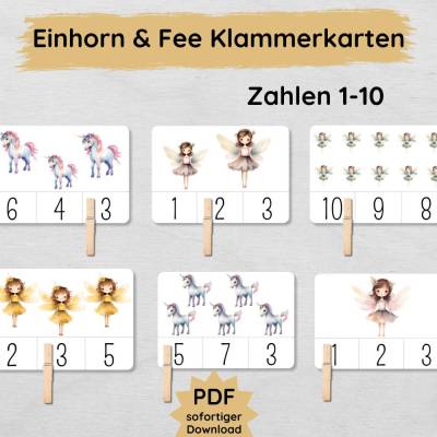 Einhorn und Fee Klammerkarten Zahlen 1 bis 10 für Kinder zum Ausdrucken