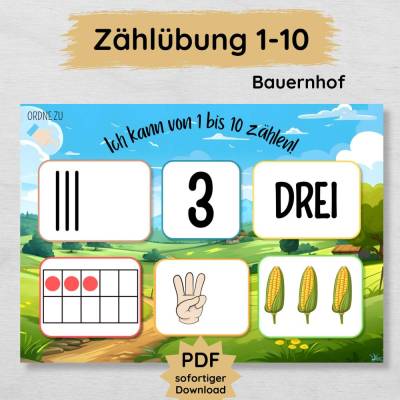 Bauernhof Zählübung zum Zahlen lernen von 1 bis 10 für Kinder zum Ausdrucken