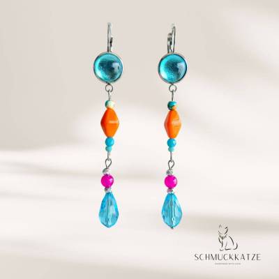 Hängeohrringe lang, bunte Ohrringe, Ohrringe mit Kristall, lange Ohrringe, Boho Ohrringe pink orange türkis