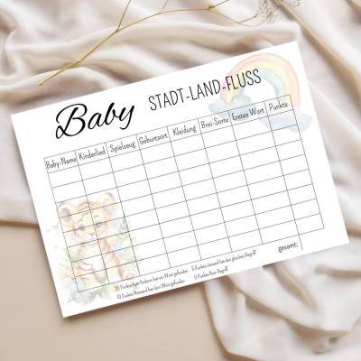 Baby Stadt Land Fluss Spiel zum Ausdrucken, niedliches Ratespiel für die Babyparty
