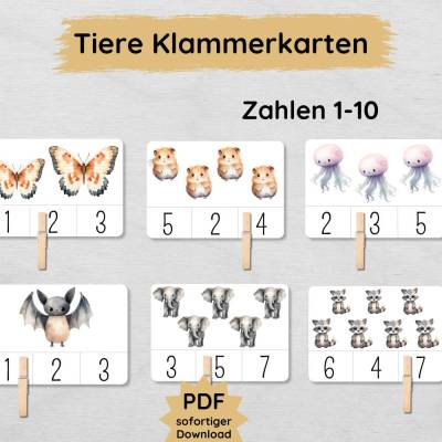 Tiere Klammerkarten Zahlen lernen von 1 bis 10 für Kinder zum Ausdrucken