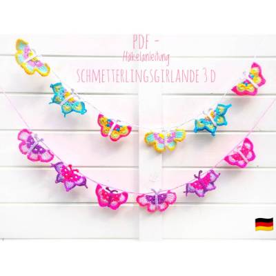 Schmetterlingsgirlande 3D Häkelanleitung PDF Dekoration Garten Geburtstag