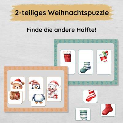 2 Teile Weihnachtspuzzle für Kinder zum Ausdrucken, Puzzlemappe Hälften zuordnen für das Weihnachten