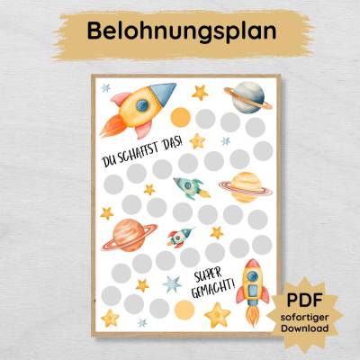 Weltraum Belohnungsplan für Kinder zum Ausdrucken, Weltall Belohnungstafel als Motivationshilfe