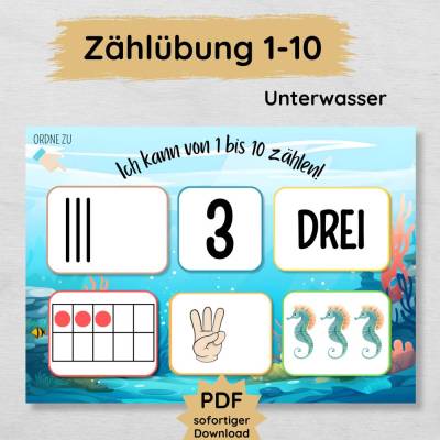 Unterwasser Zählübung für Kinder Zahlen lernen von 1 bis 10, Zahlen Sortierspiel zum Ausdrucken