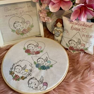 Stickdatei Sternenkind Lineare Art  Engel, mit Blumen, Stern Herz