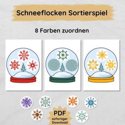 Schneeflocken Farben und Formen Sortierspiel für Kinder zum Ausdrucken