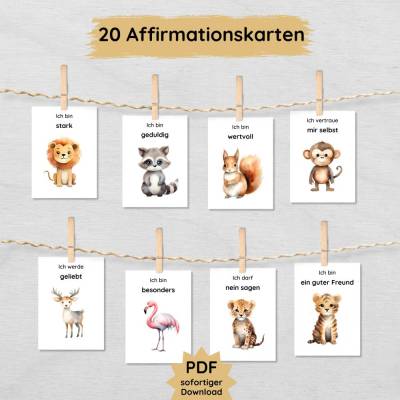 20 Affirmationskarten für Kinder mit niedlichen Tieren zum Ausdrucken, Mutmacher Motivationskarten