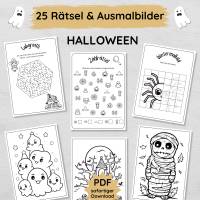 25 Halloween Rätselseiten und Ausmalbilder für Kinder zum Ausdrucken Bild 1