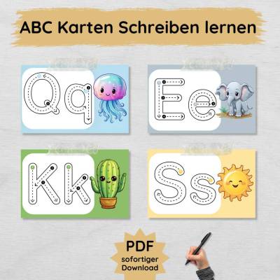 26 ABC Übungskarten zum Schreiben lernen, Alphabet Karten für Grundschüler, Buchstaben nachspuren