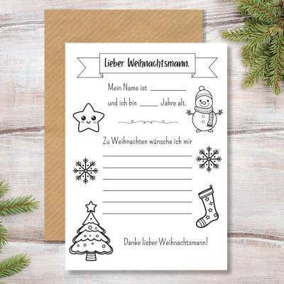 Wunschzettel für Kinder zu Weihnachten, Brief an den Weihnachtsmann zum Drucken und Ausmalen