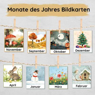 Monatskarten Set für Kinder zum Ausdrucken, Bildkarten Monate des Jahres und Jahreszeiten lernen