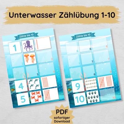 Unterwasser Zählübung für Kinder zum Ausdrucken Zahlen lernen und Zählen üben von 1 bis 10