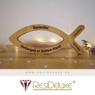 JONA Religiöser Fisch Holz Personalisiert Gravur Geschenk Geburt Taufe Kommunion Firmung