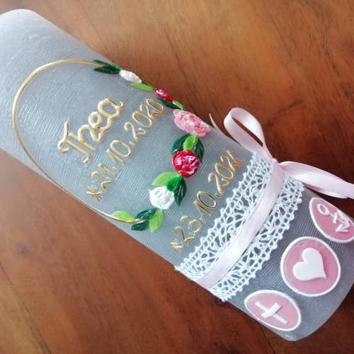 RUSTICA, VINTAGE-Look, SHABBY, Rustikal, Taufkerze, Blumen, floral, Mädchen, Kerze, keine Folie, Wachsbeschriftung, Farb