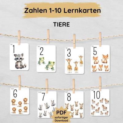 Zahlen 1 bis 10 Lernkarten mit Tieren für Kinder, Zahlenkarten zum Ausdrucken