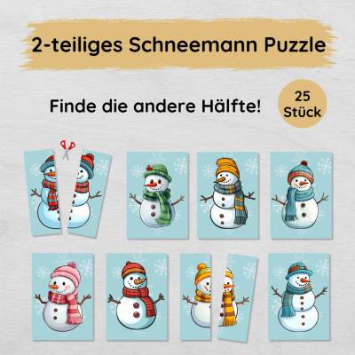 2 Teile Schneemann Puzzle für Kinder zum Ausdrucken, Hälfte zuordnen Spiel Beschäftigung im Winter