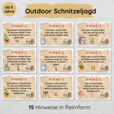 Outdoor Schnitzeljagd für Kinder ab 6 Jahren, Garten Schatzsuche mit 15 Hinweisen in Reimform