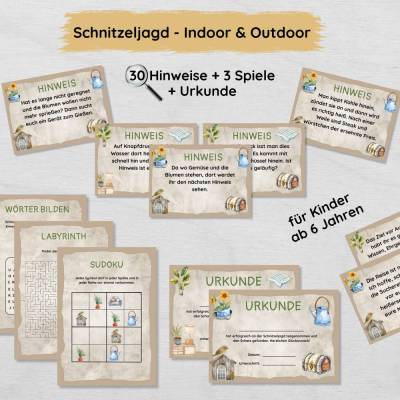 Schnitzeljagd für Kinder ab 6 Jahren mit 30 Hinweisen für Indoor & Outdoor Verstecke, Urkunde und 3 Spiele