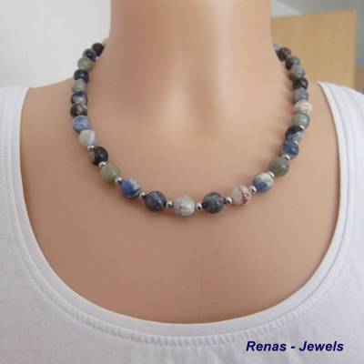 Edelsteinkette Sodalith Perlen mit Silber 925 und Edelstahl Edelstein Kette Collier