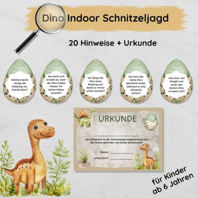 Indoor Dino Schnitzeljagd für Zuhause mit 20 Hinweisen und Urkunde für Kinder ab 6 Jahren