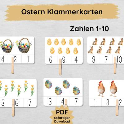 Ostern Klammerkarten Zahlen lernen bis 10 für Kinder zum Ausdrucken, Bildkarten zum Zählen üben