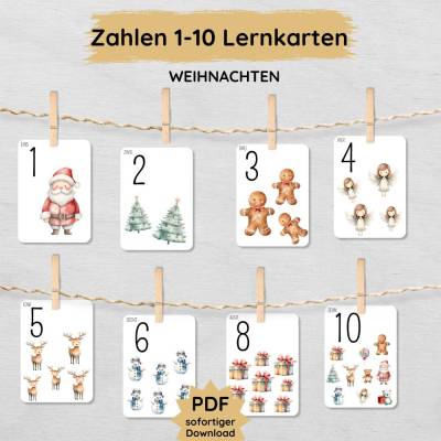 Zahlen 1-10 Lernkarten Weihnachten für Kinder zum Ausdrucken, Flashcards zum Zählen lernen