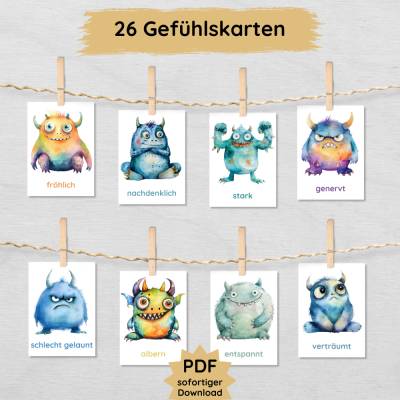 26 Monster Gefühlskarten für Kinder zum Ausdrucken, Emotionen lernen Bildkarten