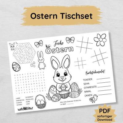 Ostern Tischset für Kinder zum Ausdrucken, Osterhasen Platz Malvorlagen & Rätsel