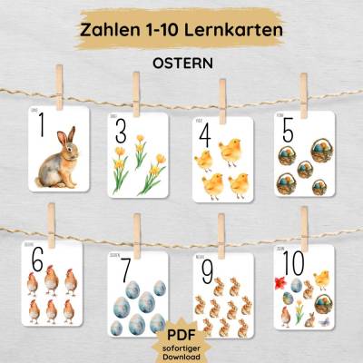 Ostern Zahlen Lernkarten für Kinder zum Ausdrucken, Bildkarten zum Zählen üben von 1 bis 10