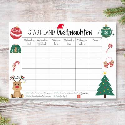 Stadt Land Weihnachten Ratespiel Druckvorlage, lustiges Familienspiel für die Weihnachtszeit