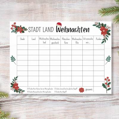 Stadt Land Weihnachten Spiel zum Ausdrucken, schöne Spielidee für das Weihnachtsfest