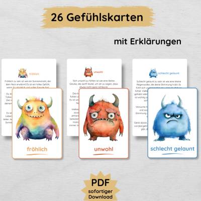 Monster Gefühlskarten für Kinder mit passender Erklärung zum Ausdrucken, Emotionen lernen