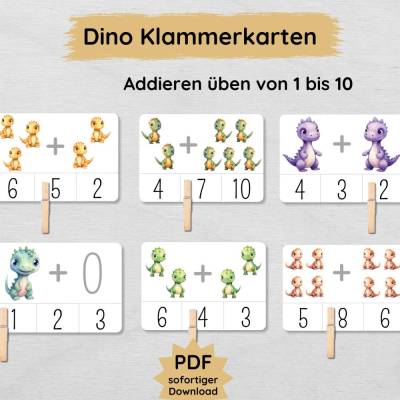 Dino Klammerkarten Addieren üben von 1 bis 10 für Kinder zum Ausdrucken, Lernkarten