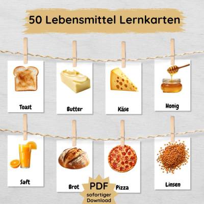 50 Lebensmittel Lernkarten für den Einkauf, Einkaufskarten für Kinder zum Ausdrucken