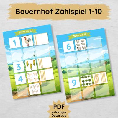 Zählspiel für Kinder mit Bauernhof Motiven, Zahlen lernen und Zählen üben von 1 bis 10
