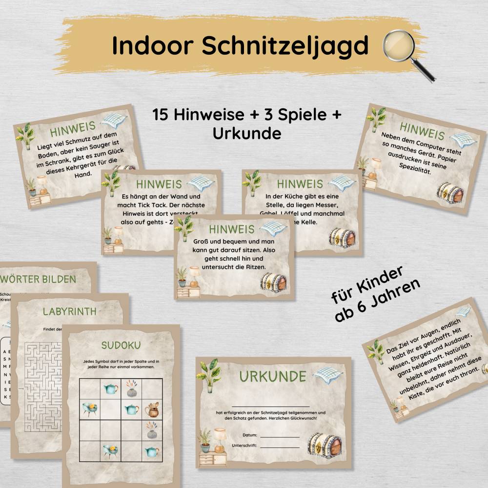 Indoor Schnitzeljagd für Kinder mit 15 Hinweisen, Urkunde