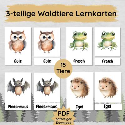 15 Lernkarten mit Tieren des Waldes zum Ausdrucken, dreiteilige Bildkarten für Kinder mit Waldtieren